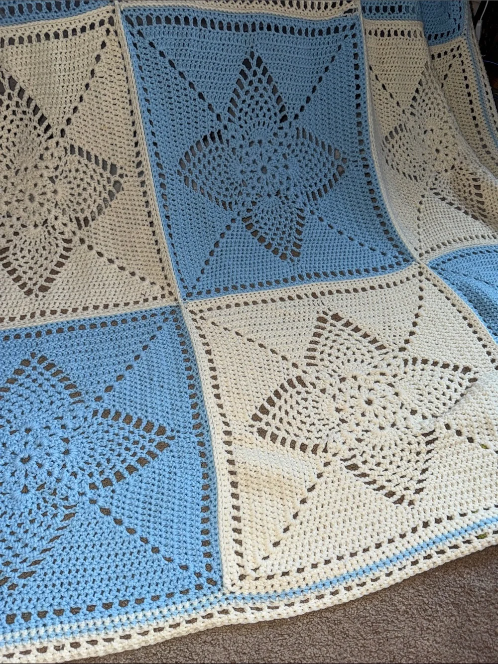 Hand Crafted Blue and Cream Crochet Star Patchwork Throw Blanket
